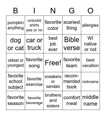 Small Group Bingo Card
