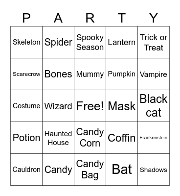 Etna's 2020 Halloween Party Bingo Card