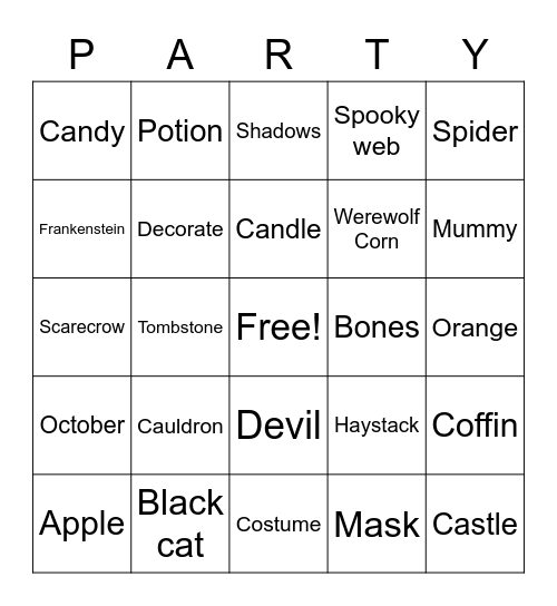Etna's 2020 Halloween Party Bingo Card