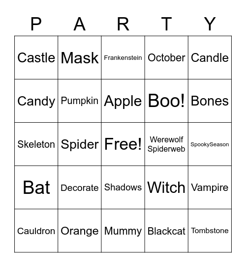 Etna's 2020 Halloween Party Bingo Card