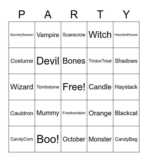 Etna's 2020 Halloween Party Bingo Card