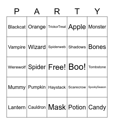 Etna's 2020 Halloween Party Bingo Card