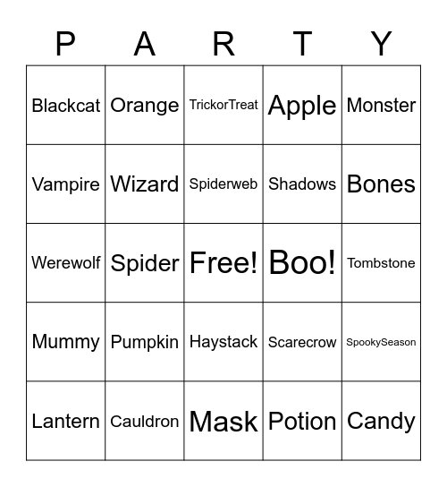 Etna's 2020 Halloween Party Bingo Card