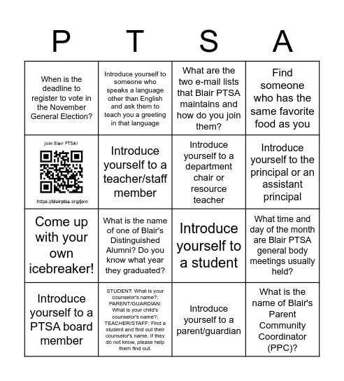 Blair Parent Visitation Day PTSA Bingo Card