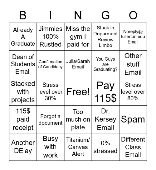 Graduation Confirmation Email Bingo Card