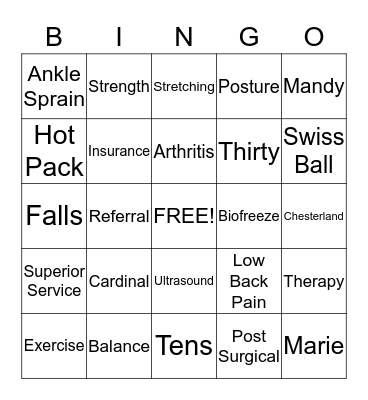 Cardinal Physical Therapy Bingo Card