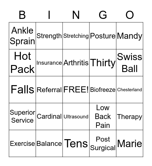 Cardinal Physical Therapy Bingo Card