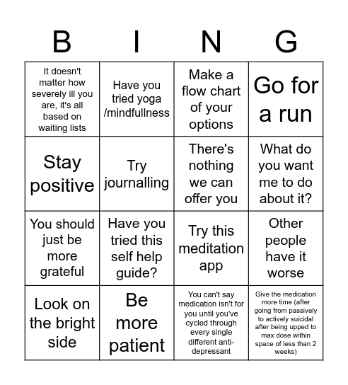 Unhelpful things health professionals have said to me Bingo Card