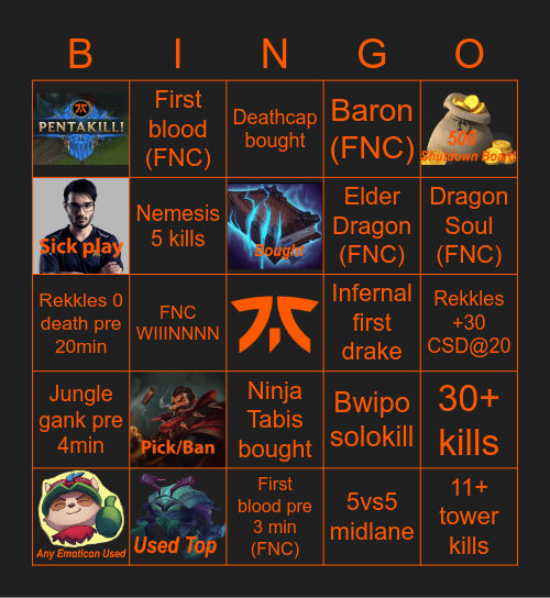 Fnatic vs Gen.G Bingo Card