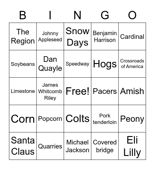 Indiana Bingo Card