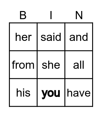 Sight Words Bingo Card