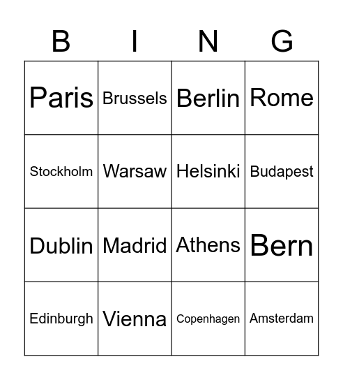 European Capitals Bingo Card