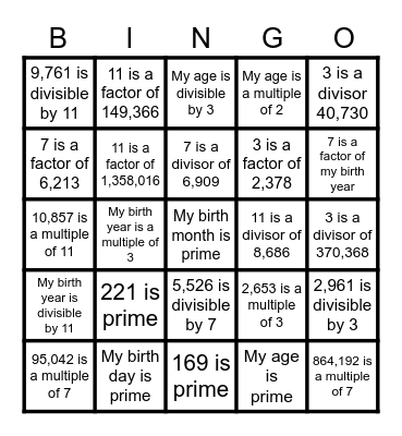 Prime Time Bingo Card