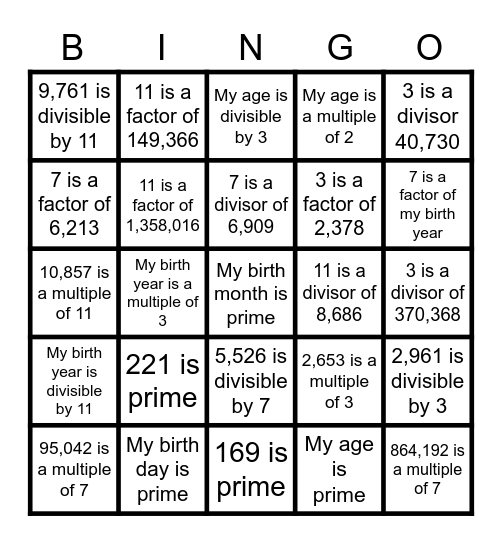 Prime Time Bingo Card
