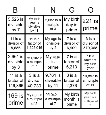 Prime Time Bingo Card