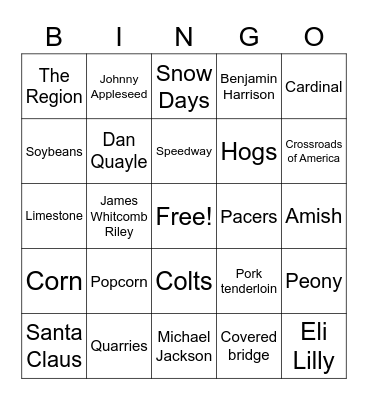 Indiana Bingo Card