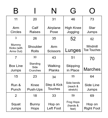 Fitness Bingo Card