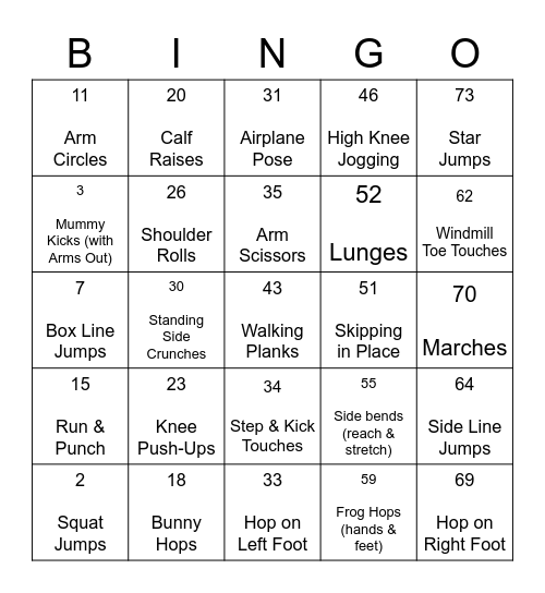 Fitness Bingo Card