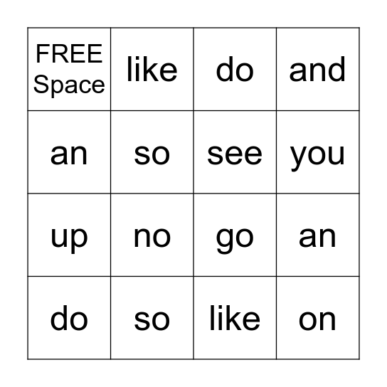 Sight Word Bingo Card