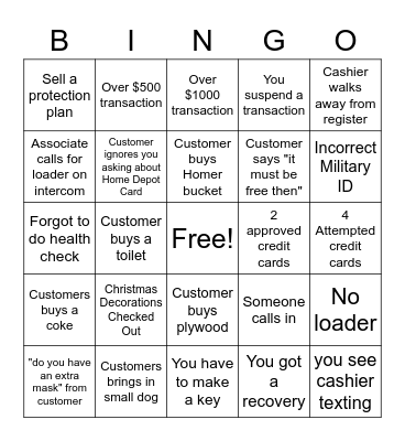 Cashier Bingo Card