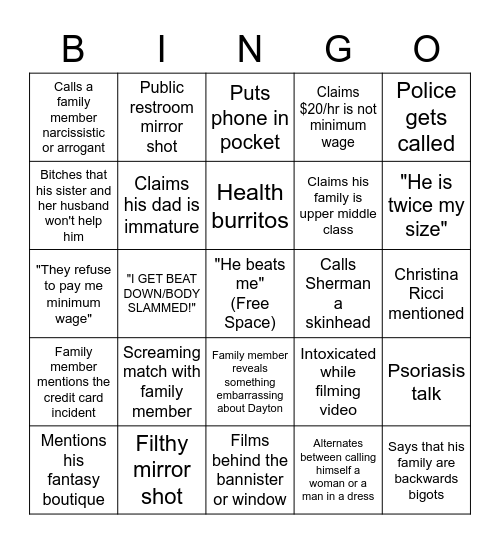 Dayton Hypernova Bingo Card