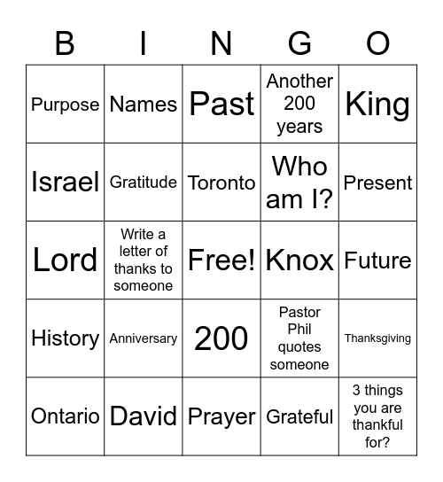 Sermon Bingo - 200 Year Celebration! Bingo Card