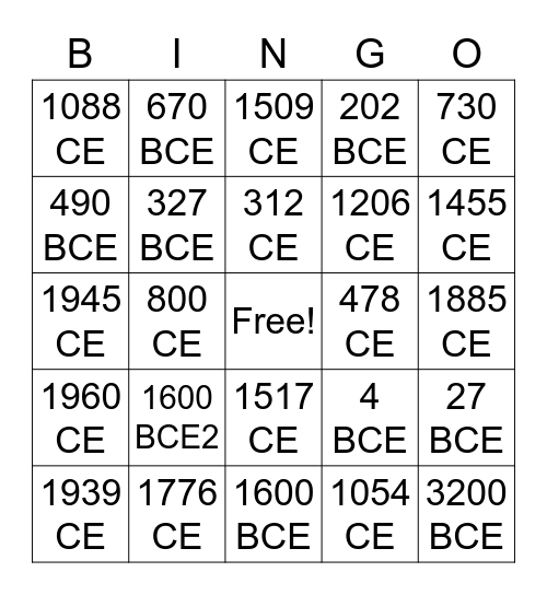 World dates Bingo Card
