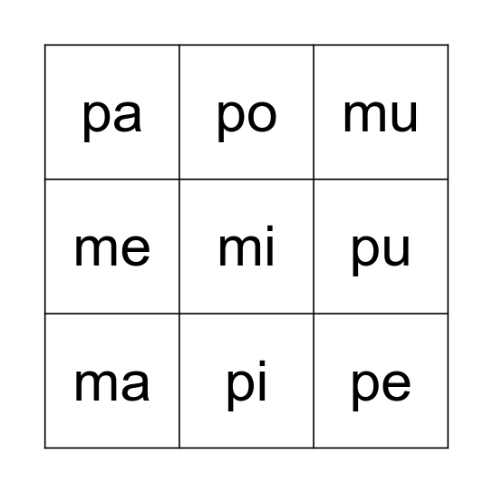 Silabas M & P Bingo Card