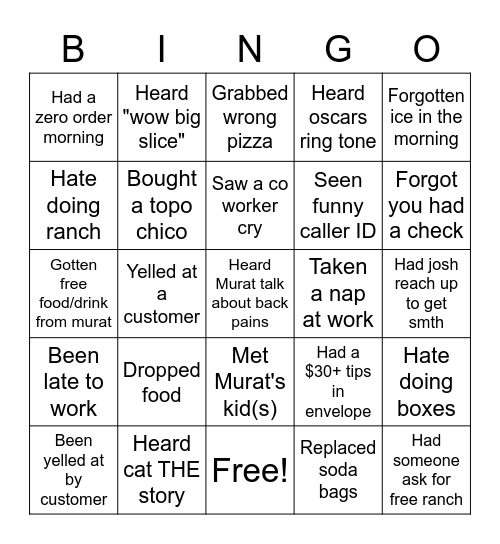 Muro's Pizza Bingo Card