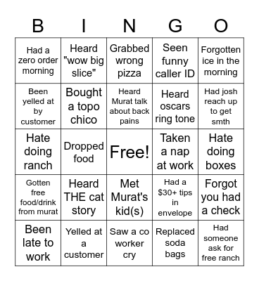 Muro's Pizza Bingo Card