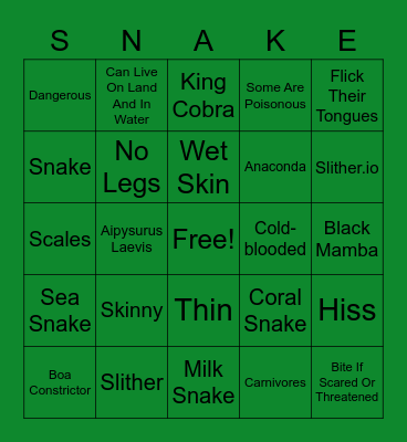 Animal Study- Snakes Bingo Card