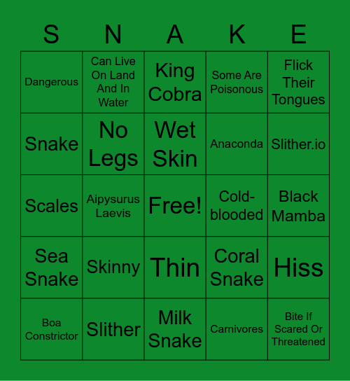 Animal Study- Snakes Bingo Card