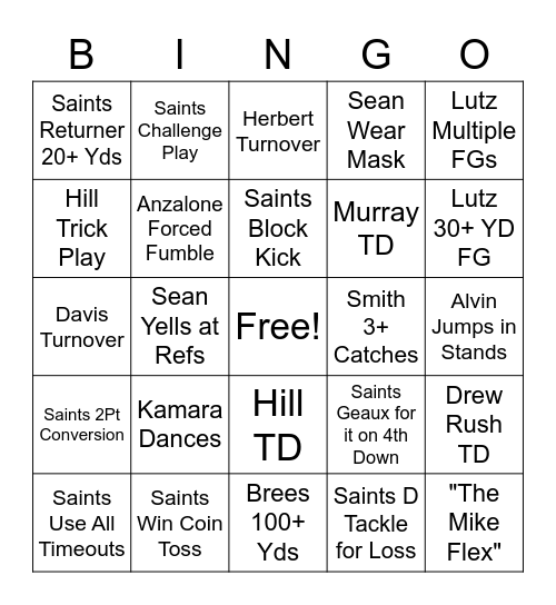 Chargers Vs Saints Bingo Card