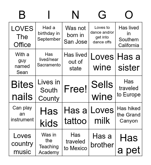 Getting to know the best team ever! Bingo Card