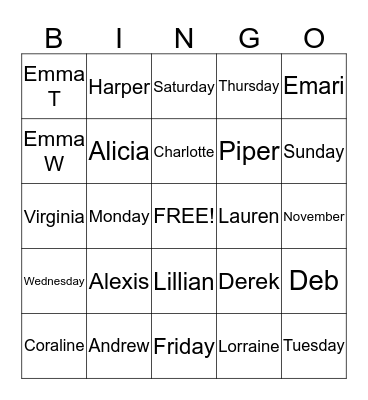 Mon/Wed Wee Wigglers Bingo Card