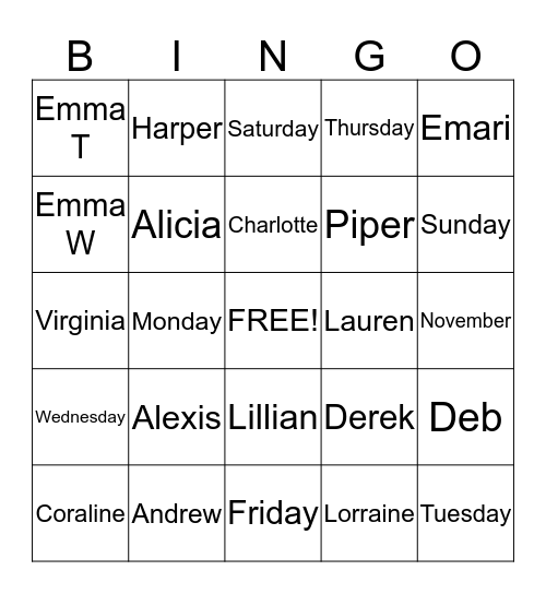 Mon/Wed Wee Wigglers Bingo Card