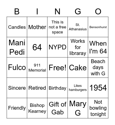 Mary Bday Night Bingo Card