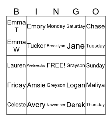 Tues/Thurs Wee Wigglers Bingo Card