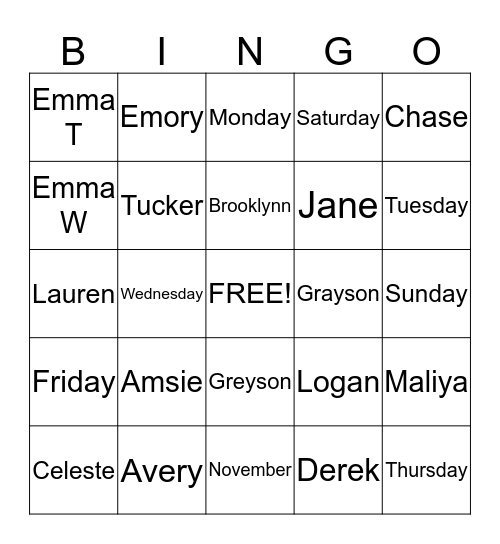 Tues/Thurs Wee Wigglers Bingo Card