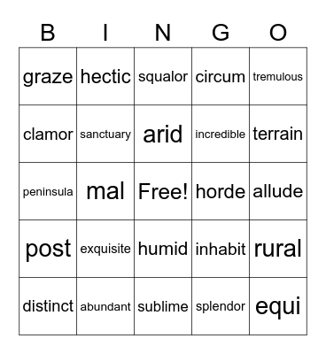 Vocabulary Lesson #5 Bingo Card