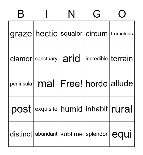 Vocabulary Lesson #5 Bingo Card