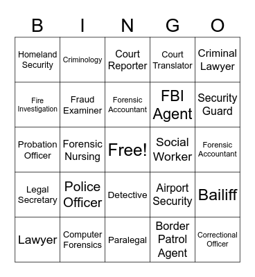 Criminal Justice Club Bingo Card