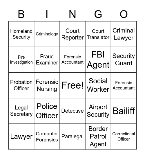 Criminal Justice Club Bingo Card