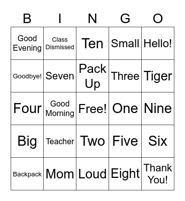 English to Chinese Bingo Card