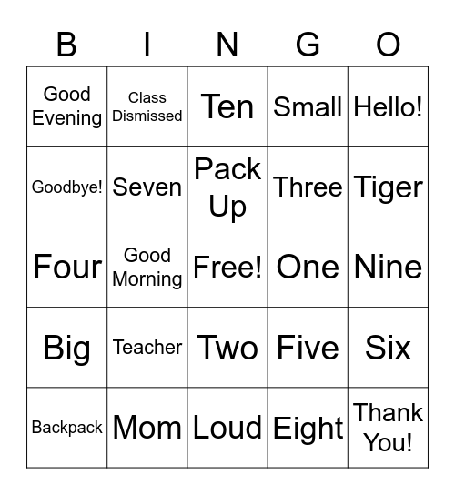 English to Chinese Bingo Card