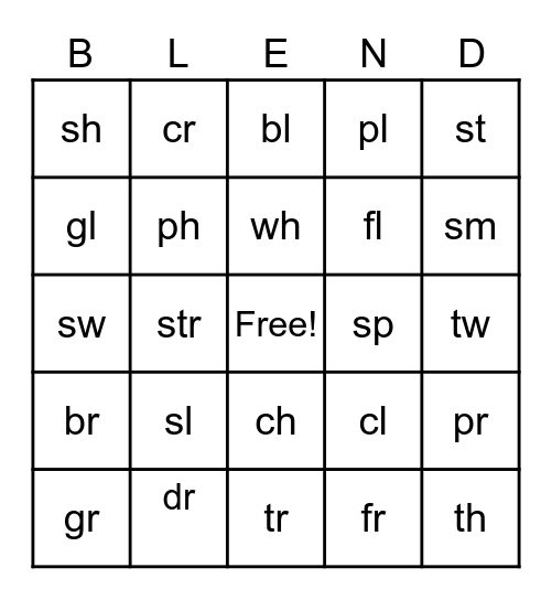 Consonant Blends Bingo Card