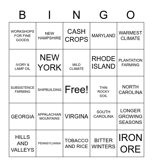 13 ENGLISH COLONIES Bingo Card