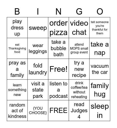 MOPS Bingo - November Bingo Card