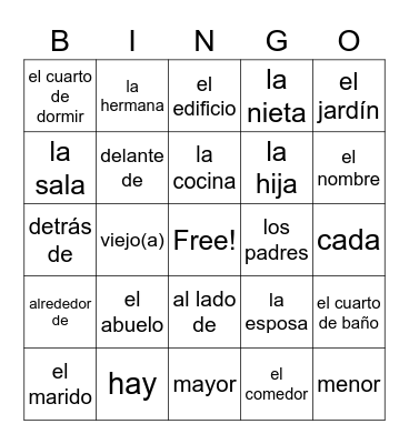 Ch. 2 Vocabulary Bingo (Spanish 1) Bingo Card