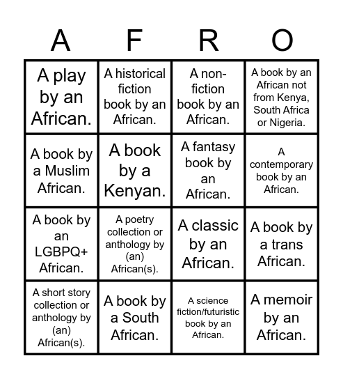 AFRICAN LITERATURE CHALLENGE 2021 Bingo Card